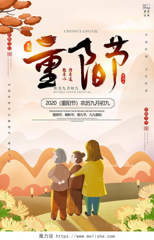 黄色卡通重阳节宣传海报